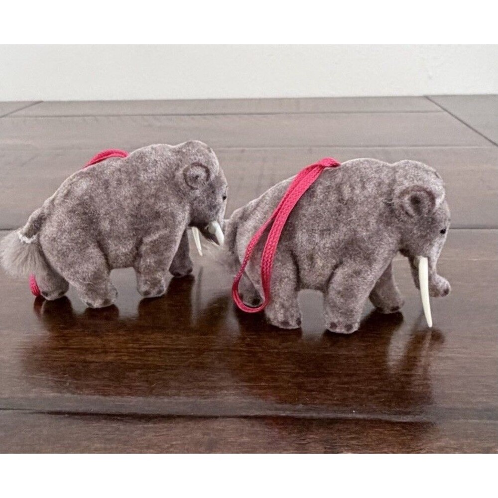 Pair of Vintage Wagner Handwork Flocked Woolly Mammoth Ornaments